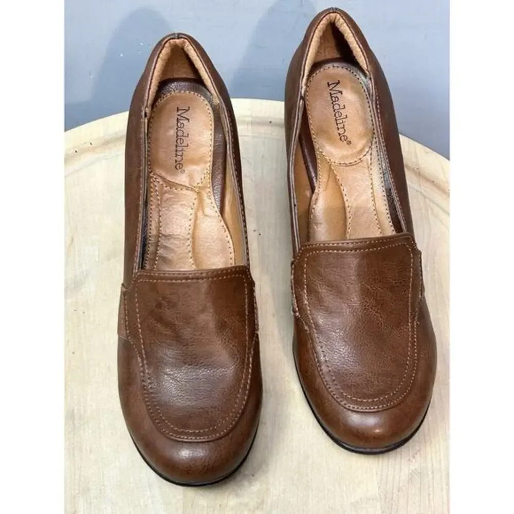 Madeline Beth‎ Tan Faux Leather Mid Heel Pump Women's Size 9.5 M Vegan Brown